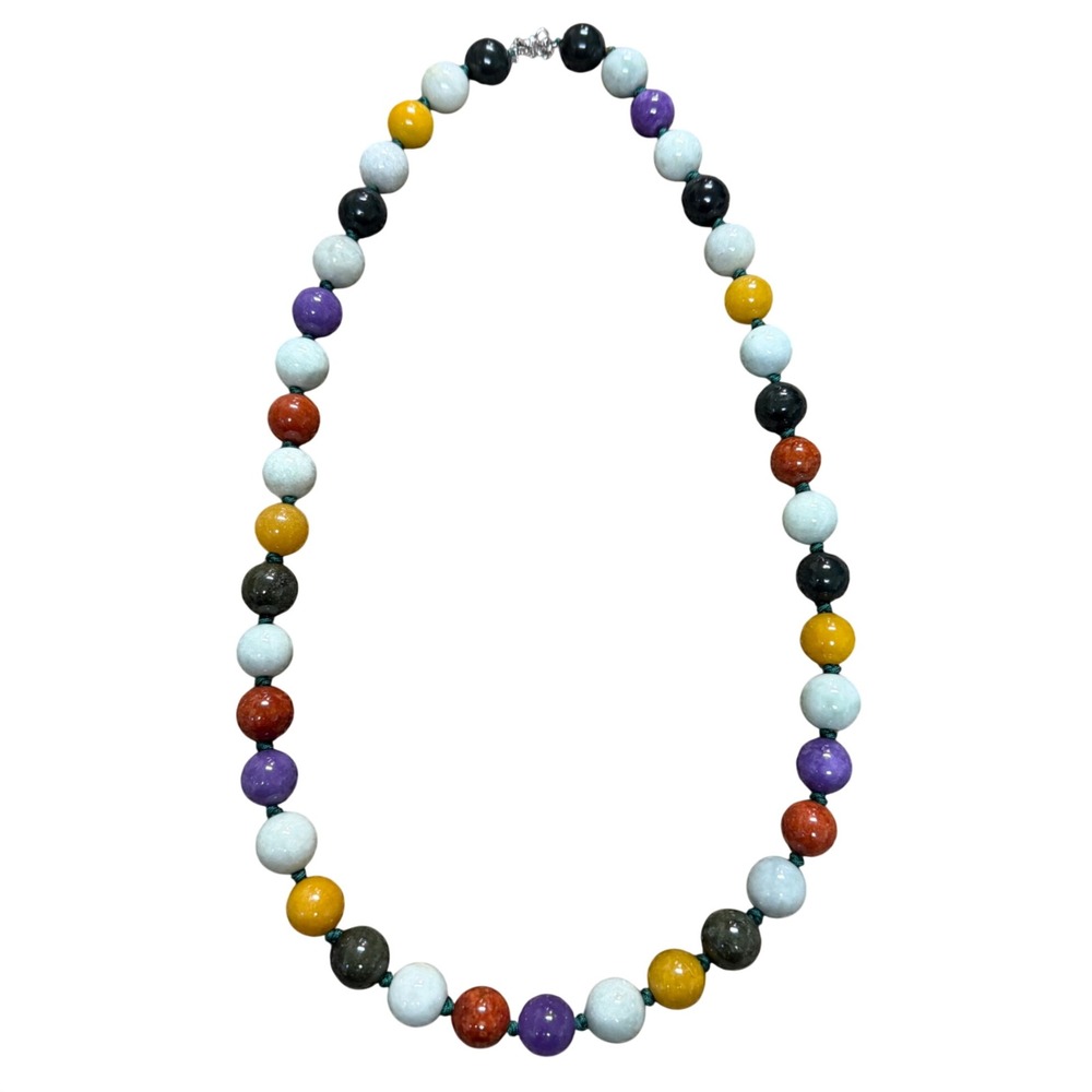 PAJ JOY Multicolor Jade 15mm Bead Necklace 32" Knotted 925 Sterling Clasp